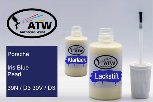 Porsche, Iris Blue Pearl, 39N / D3 39V / D3: 20ml Lackstift + 20ml Klarlack - Set, von ATW Autoteile West.